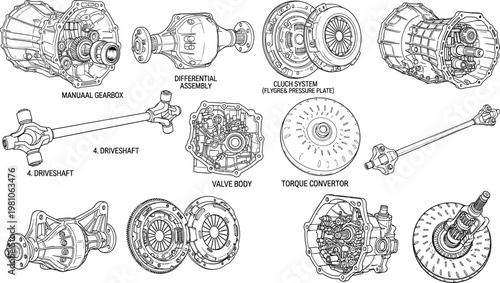 Car Transmission Parts Icon Set Featuring Manual Gearbox, Differential Assembly, Clutch, and Driveshaft in Detailed Line Art Style