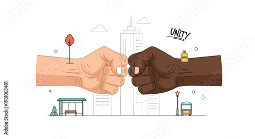 A light-skinned hand and a dark-skinned hand engage in a fist bump before a minimalist city skyline featuring a prominent unity label and urban elements.