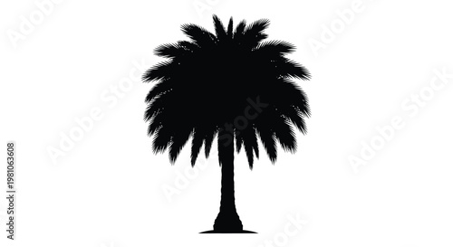 A striking black palm tree stands prominently against a pure white background silhouette