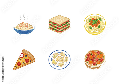 Italian Cuisine and Mediterranean Food Dishes with Colorful Crayony Pencil Texture and Organic Colorful Textures