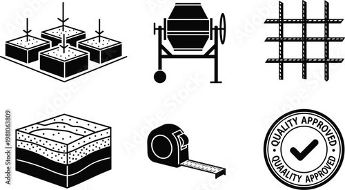 Construction and Building Material Icon Set Featuring Concrete, Mixer, Measurement Tools, and Quality Assurance Symbols