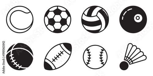 Sports Equipment Ball Icon Set - Soccer, Basketball, Tennis, Football, and Volleyball Vector Graphics
