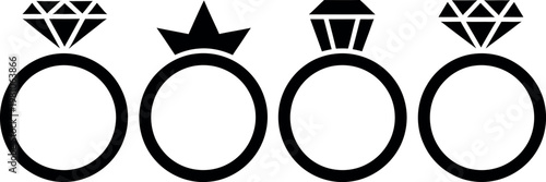 Four different types of rings with various gemstones and designs on transparent background