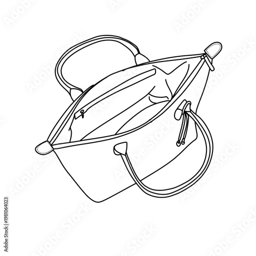 Simple line art drawing of an open handbag with a zipper pocket inside.