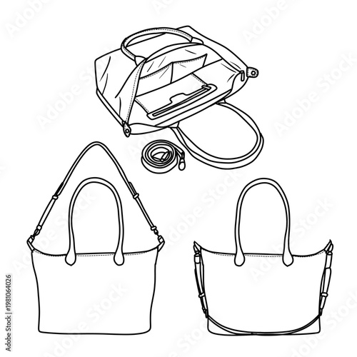 Detailed Line Art Illustration of Various Handbags and Accessories.