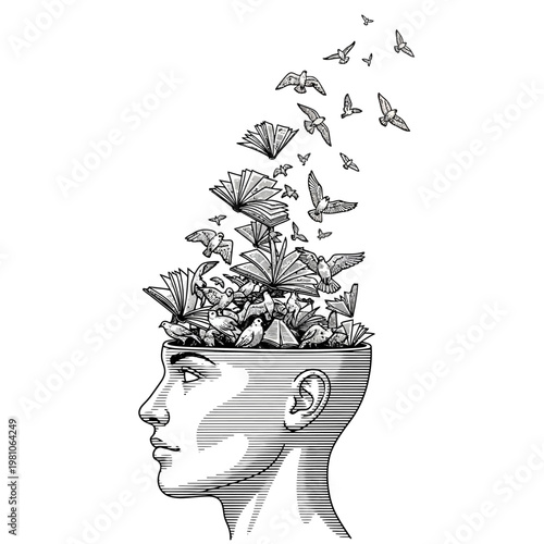 Butterflies emerging from a person's head.