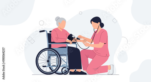 Nurse checking blood pressure of elderly woman in wheelchair, healthcare concept