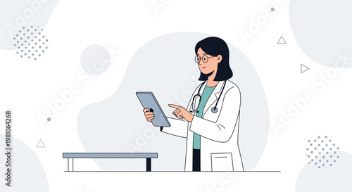Doctor using tablet for medical records, modern healthcare illustration