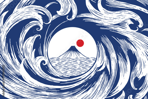 Hand drawn Japanese inspired landscape featuring Mount Fuji framed by a powerful spiraling ocean wave. Vintage woodcut style in blue and white with a rising red sun. Zen artisan art.