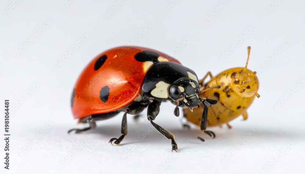 Fototapeta premium Ladybug and Yellow Ladybug Larva - A Close-Up Encounter on White.