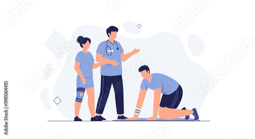 Physical therapy session: patient exercises with doctor and nurse guidance