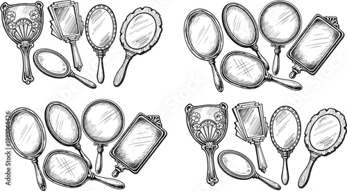 Vintage Handheld Mirror Collection Featuring Ornate Frames and Detailed Reflections for Beauty, Fashion, and Antique Designs