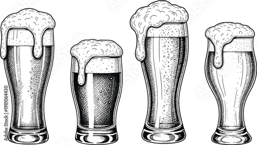 Hand-Drawn Beer Glass Illustrations Featuring Different Poses with Foam and Darker Variations for Pub and Beverage Designs