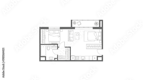 Фотография CAD One-Bedroom Apartment Floor Plan Rendered in Black and White