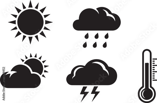 Black and white weather forecast with sun clouds rain