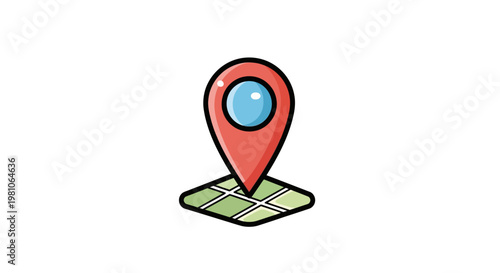 Cartoon location icon red pinpoint on a green map grid isolated