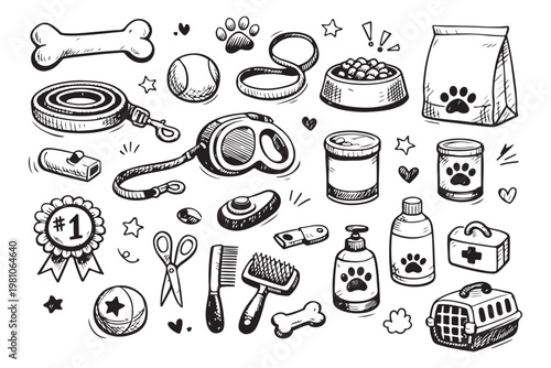 A set of dog and pet accessory elements: bones, food, and leashes. For dog-themed designs: training, grooming, and styling. Doodle-style vector illustration.