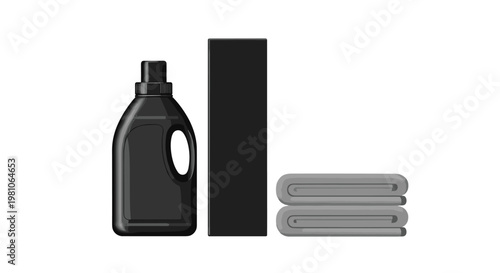 A sleek black laundry detergent bottle stands prominently next to a tall matching black box and a neat stack of two folded grey towels on white.
