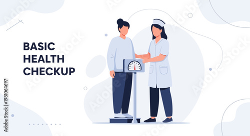 Doctor weighing patient for basic health checkup, medical examination concept