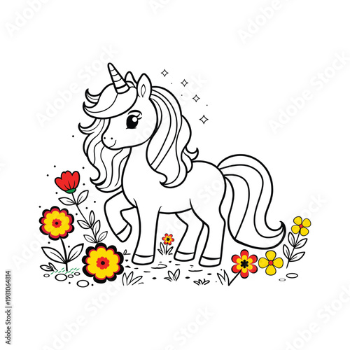 Cute cartoon unicorn with flowing mane surrounded by colorful flowers fantasy horse