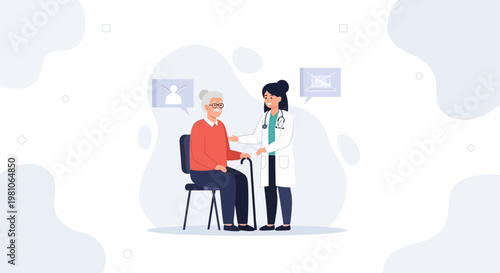 Doctor Consults Elderly Patient with Cane, Healthcare Concept