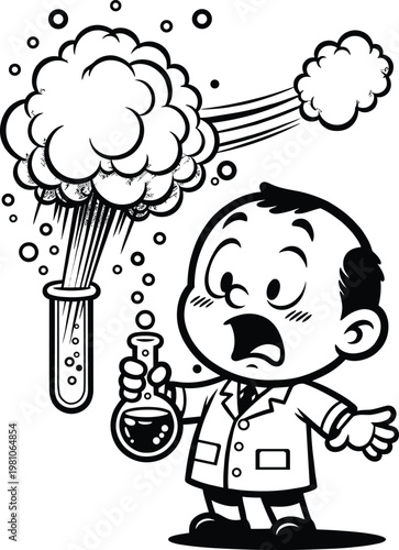 Cartoon scientist boy with exploding test tube and beaker