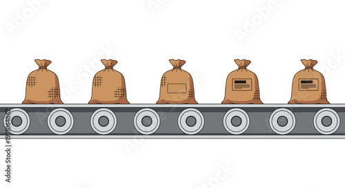 Five meticulously tied brown burlap sacks with printed labels advance steadily along a grey industrial conveyor belt in a bright and sterile environment.