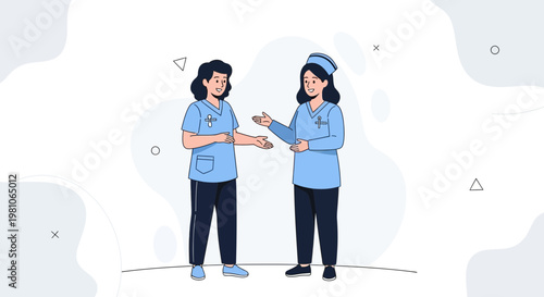 Two nurses in blue uniforms discussing medical information, illustration