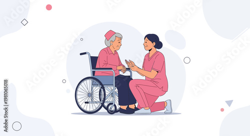 Nurse caring for elderly woman in wheelchair, providing comfort and support