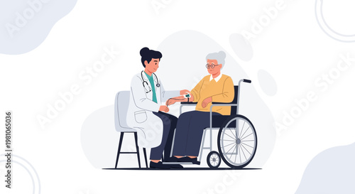 Doctor examining elderly woman in wheelchair, healthcare, medical care, support
