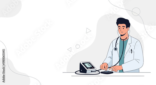 Doctor checking blood pressure with digital monitor, medical illustration