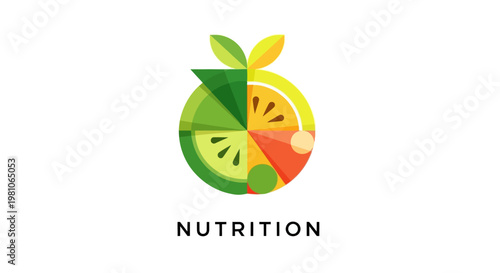 Colorful fruit icon with leaves and segments on white background nutrition concept