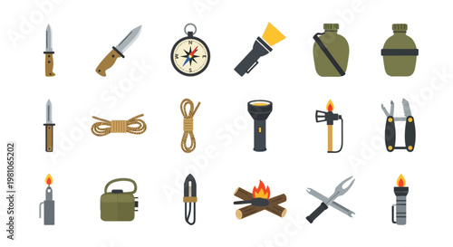 Outdoor Survival Gear and Military Camping Equipment Vector Icon Collection.