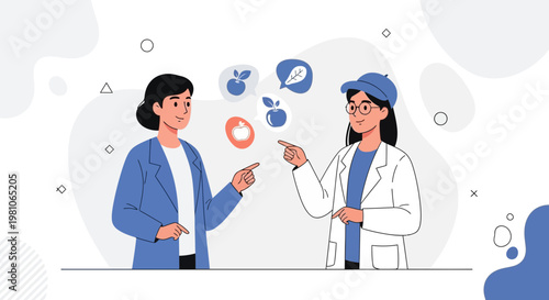 Nutritionists Discuss Healthy Eating with Fruits and Vegetables Icons