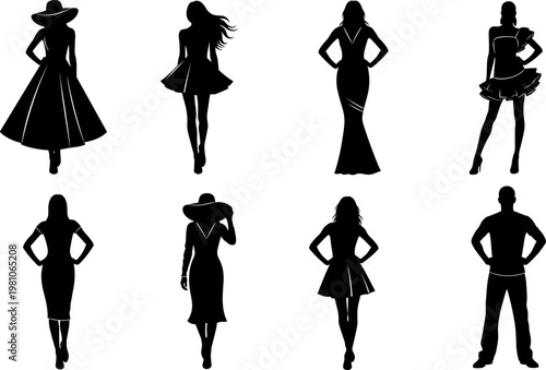 Elegant male and female fashion model silhouettes wearing stylish clothing standing in glamorous poses for premium boutique design vector illustration.