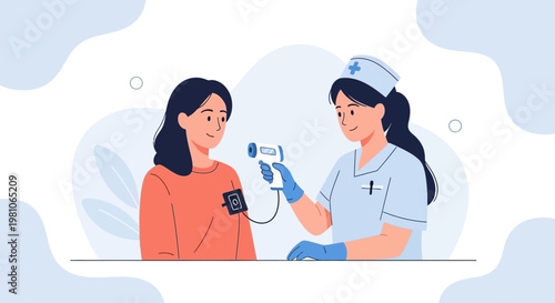 Nurse checking patient's temperature with infrared thermometer, medical checkup illustration