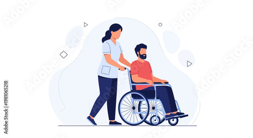 Nurse pushing patient in wheelchair, healthcare, medical assistance, disability support