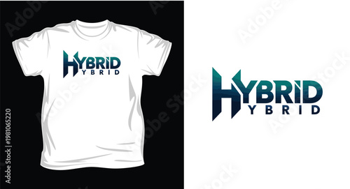 Hybrid logo design on white t-shirt and background