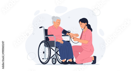 Nurse checks elderly woman's blood pressure in wheelchair, healthcare concept