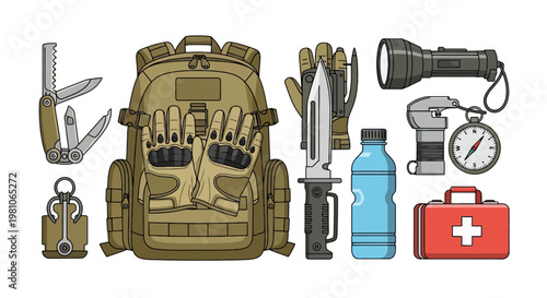 Tactical Military Gear Set, Survival Backpack and Outdoor Adventure Equipment Vector Icons