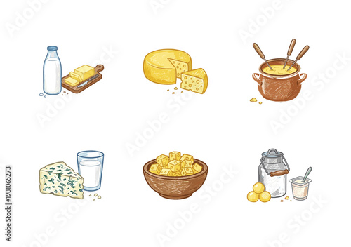 Dairy Products and Farm Fresh Milk Collection with Colorful Crayony Brush Strokes and Organic Colorful Textures in Calligraphic Style