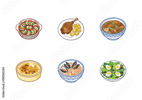 French Cuisine and Traditional Gourmet Dishes with Colorful Crayony Brush Strokes and Expressive Colorful Lines