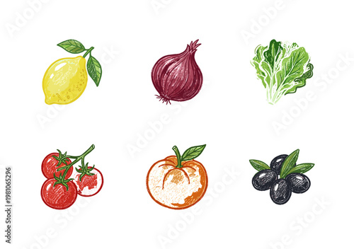 Fresh Greek Salad Ingredients and Mediterranean Vegetables with Crayon Colorful Watercolor Textures