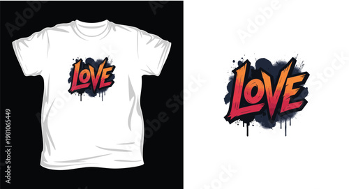 A white t-shirt with a graffiti style love logo