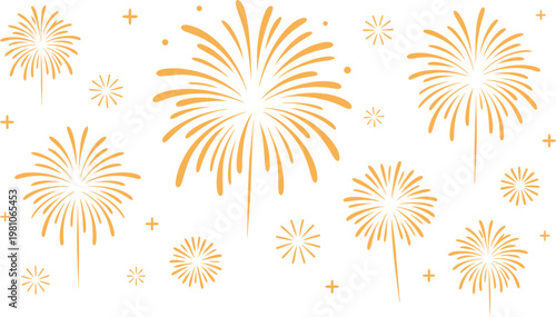 Golden fireworks and sparkles on white background for celebrations and parties
