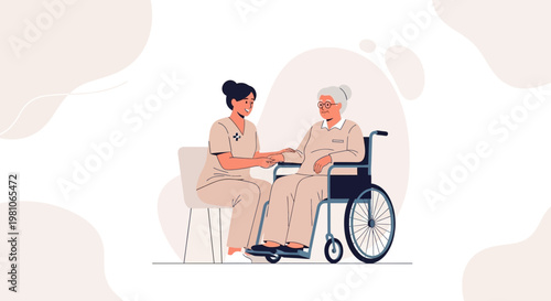 Caring nurse holding hand of elderly woman in wheelchair, support and compassion