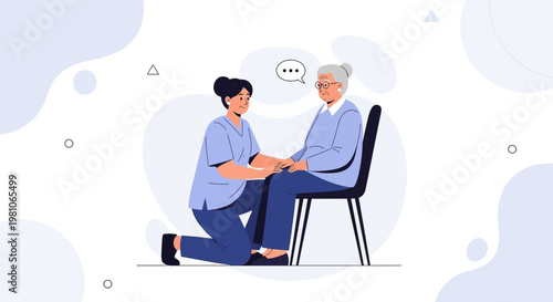 Nurse caring for elderly woman, providing support and communication, healthcare concept