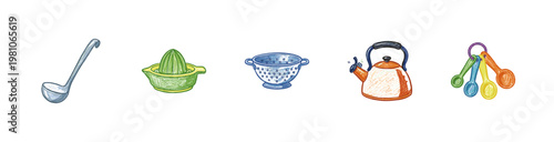 Kitchen Utensils and Culinary Cooking Tools with Crayon Crayon Pencil Texture and Inky Colorful Aesthetic