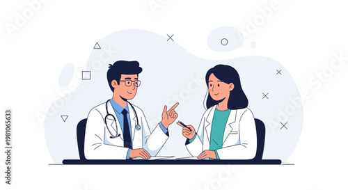 Two doctors in white coats discussing medical information at a desk