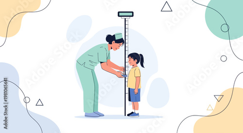 Nurse measuring child's height on a stadiometer, growth check, healthcare concept